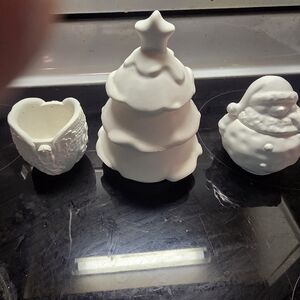 Lot Of 3 Pc Plaster Candy Dish Snowman, Angel Planter & Stackable Christmas Tree